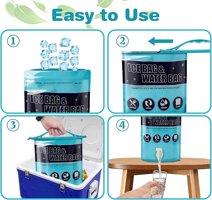 2Pcs Reusable Ice Bag with 1 Clips (2.5lb&5lb), Refillable Ice Bags for Cooler, Ice Cube Bag for Freezer, Storing Ice Packs for Lunch Boxes, Fishing, Camping, Hiking Trip (1 Large&1 Medium)