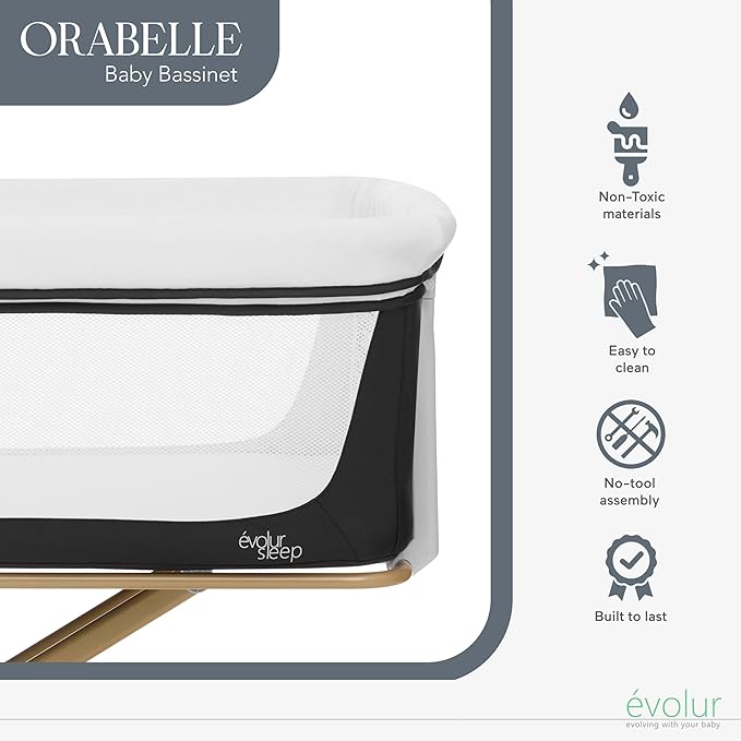 Evolur Orabelle Baby Bassinet & Bedside Sleeper, Breathable Mesh Sides, Plush Mattress Pad with Removable Cover, Tool-Free Assembly, Quick Foldable Steel Frame Compact Design with Travel Bag – Black