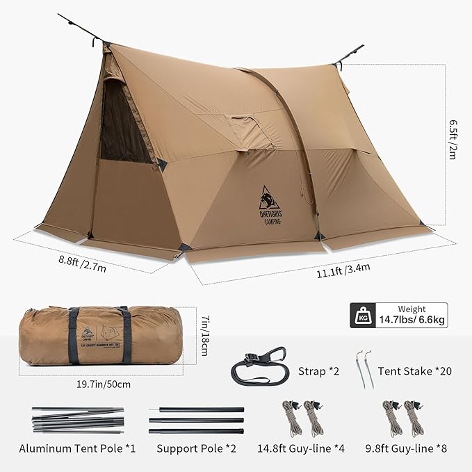 OneTigris ASH Canopy Hammock Hot Tent, Spacious Waterproof Windproof 4 Season Tent with Poles for Camping, Hiking, Bushcrafting, Survivalist, Car Trips