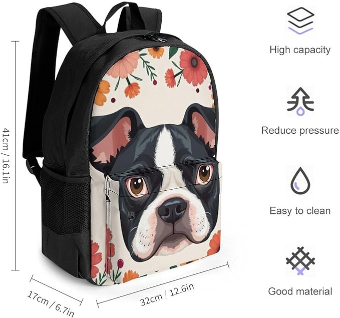 Supdreamc Polyester Daypack for Camping Travel Walking Cycling, Big Capacity Anti-Theft Multipurpose Bookbag, Boston Terrier Flower Floral Camping Outdoor Backpack