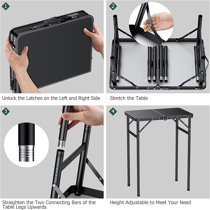 Folding Camping Table Portable Pinic Table 3 Level Height Adjustable Aluminum Frame Small Foldable Camp Table Light Weight with Carry Handle for Outdoor Indoor Hiking Camp BBQ Beach