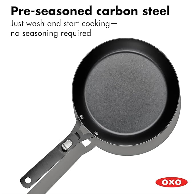 OXO Outdoor Pre-Seasoned Carbon Steel 10" Frying Pan Skillet, Detachable Handle for Easy Storage, Indoor Use, Nonstick with Use, Induction Suitable,Oven & Broiler Safe,Browning, Grill,Sear,Saute,Black