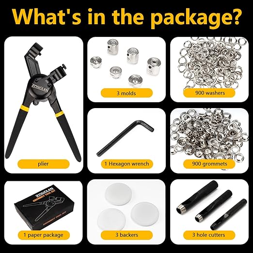 Heavy Duty Grommet Tool Kit of 1/2" 5/16" and 3/8",Multi Size Handheld Eyelet Tool Plier Rivet Press with 900 pcs Silver Grommets for Tarp Leather Fabric