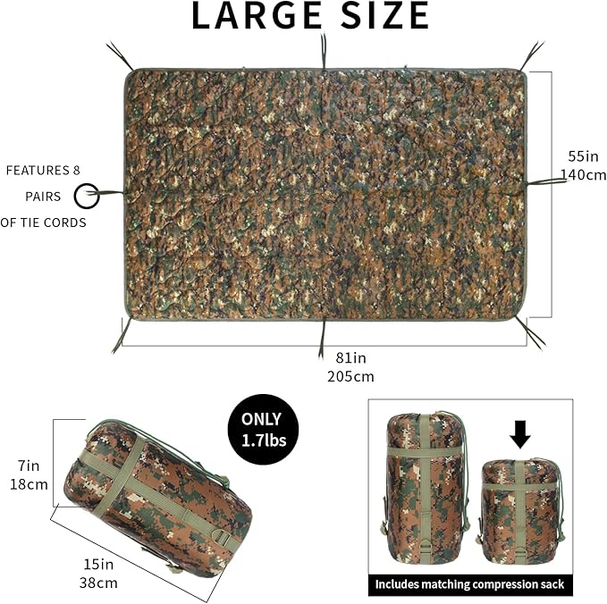 Camo Poncho Liner, Army Blanket, Military Sleeping Bag, with A Compression Carrying Bag, for Traveling, Hiking, Camping, Outdoor Survival, Car Blanket