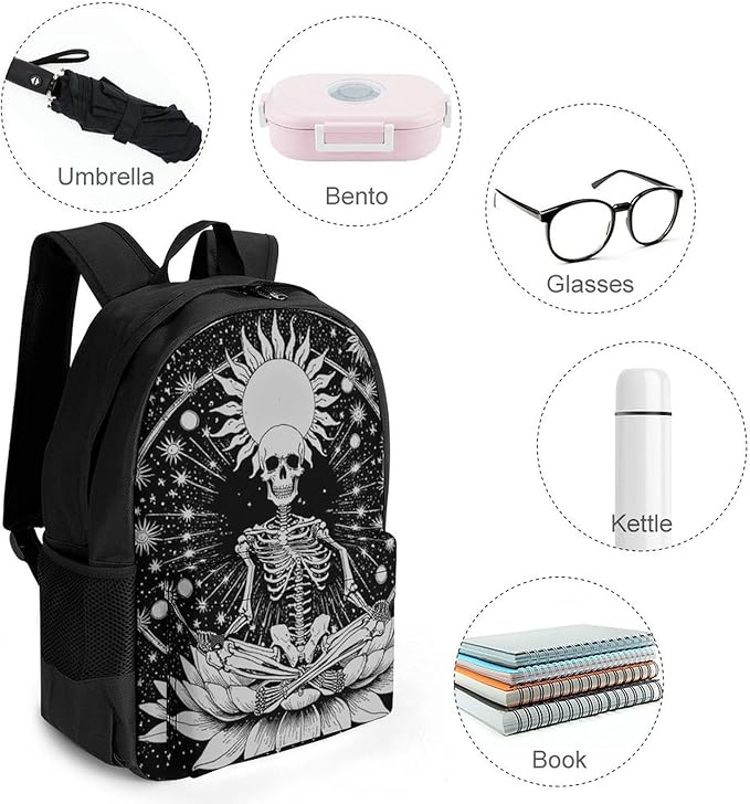 Daypack Backpack Polyester Anti-Theft Multipurpose Seven Star Meditation Skeleton Skull Black Bookbag Big Capacity Travel Hiking Camping Rucksack With Smooth Zippers