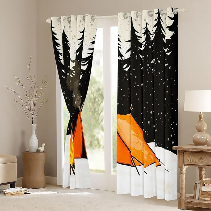 Erosebridal Tent Camping Window Curtains 52" Wx63 L Camping Adventure Blackout Curtains for Bedroom Living Room,Camper Pine Trees Campfire Window Treatments Rustic Farmhouse Drapes Decor 2 Panels