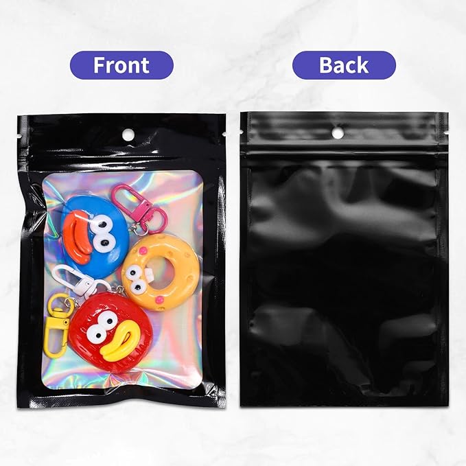 4x6 Inch Black Holographic Mylar Bags, 100Pcs Resealable Foil Zipper Pouches for Gummies, Jewelry Storage, Party Favors, Small Business Packaging