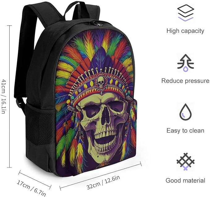 Polyester Daypack Backpack for Trekking Picnic Walking Cycling, Large Capacity Anti-Theft Multipurpose Shoulder Bag, Indian Skull Chief Native Art Casual Daypack