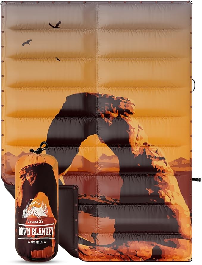 APSMILE Outdoor Down Blanket | Extra Warm & Puffy Camping Blanket | Water-Resistant, Lightweight, Packable Sleeping Quilt for Camp, Travel, Hiking, Picnic, Backpack (Arch HD Printed, 52"x75")