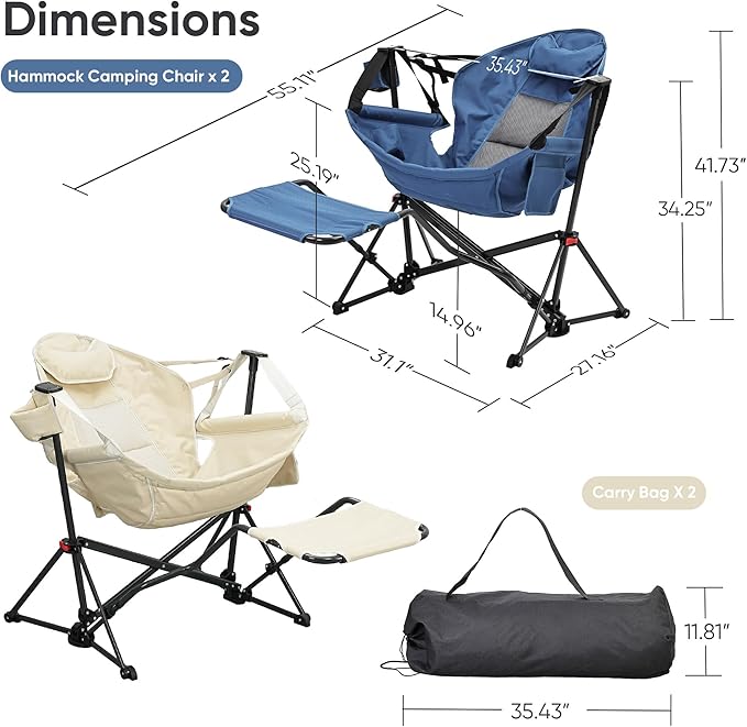 Ainfox Hammock Camping Chair with Footrest, Heavy Duty Foldable Portable Rocking Hammock Chairs Outside Swinging Camp with Cup Holder Pillow for Outdoor Patio Poolside Beige Dark Blue