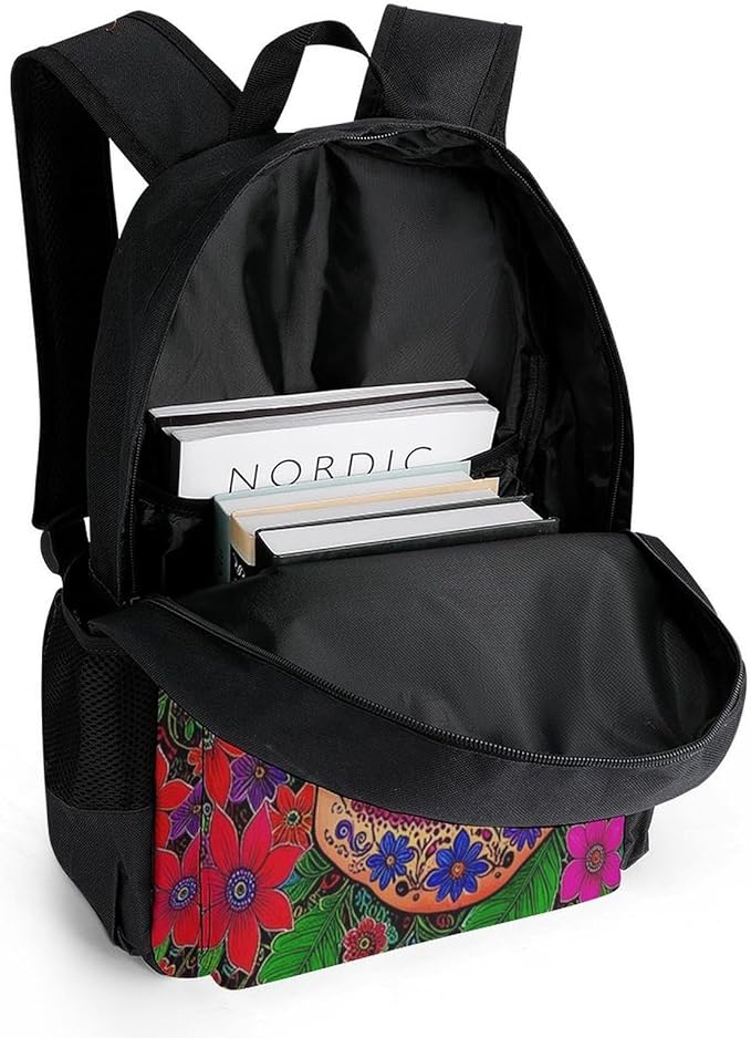 Supdreamc Daypack Backpack Anti-Theft Multipurpose Big Capacity Bookbag, Grunge Mexican Sugar Skulls Day Of The Dead Flowers Art Business Computer Bag With Side Pockets