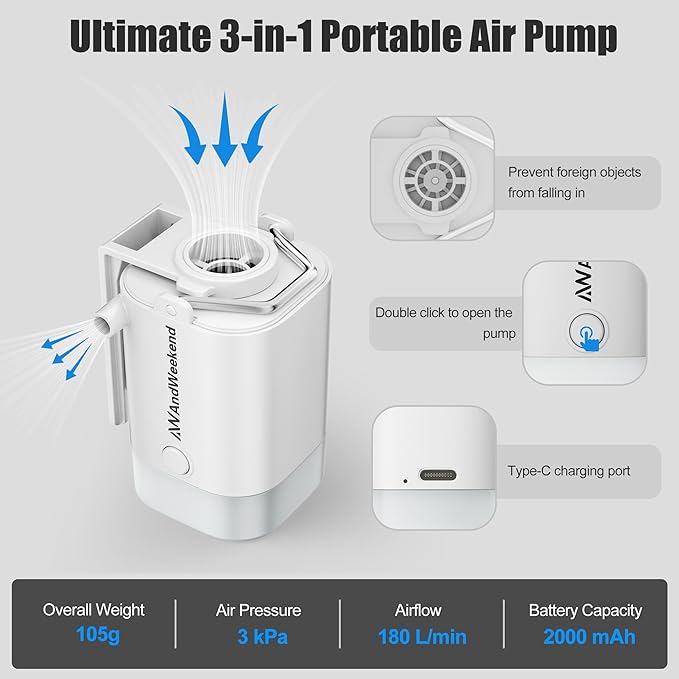 THE WEEKEND Portable Air Pump for Camping and Travel–Fast Inflate Deflate for Sleeping Pads Pool Floats and Outdoor Gear with Built in Light