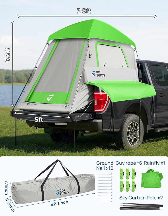 JOYTUTUS Automatic Truck Tent, Easy Set-up, Portable Truck Bed Tent 5.5FT-6.5FT with Rainfly, Truck Camping Tent with Waterproof PU2000mm Double Layer for 2 Person