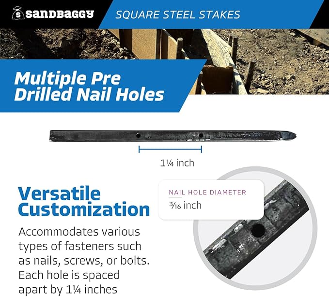Sandbaggy Square Steel Concrete Form Stakes with Nail Holes - 5/8" Wide - Rust Resistant Coating - Removable, Reusable - Construction Grade Stakes (12 inch, 50)