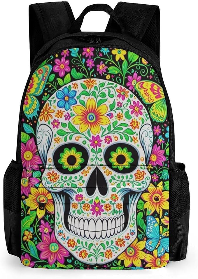 Supdreamc Men Women Polyester Colorful Floral Sugar Skull Daypack Big Capacity Shoulder Bag With Adjustable Shoulder Straps for Camping Travel Walking Cycling