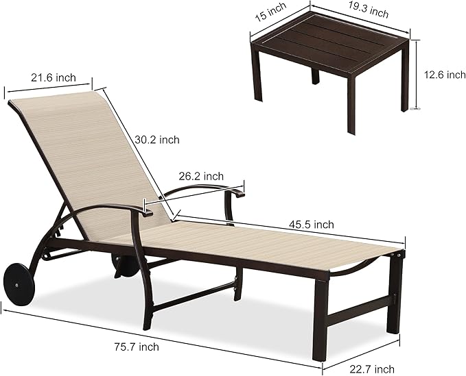 PURPLE LEAF Outdoor Chaise Lounge Chair Set of 3 Patio Pool Lounger Aluminum Chairs with Side Table and Wheels Adjustable Tanning Recliner for Outside Backyard Yard Deck Balcony Beach Light Khaki