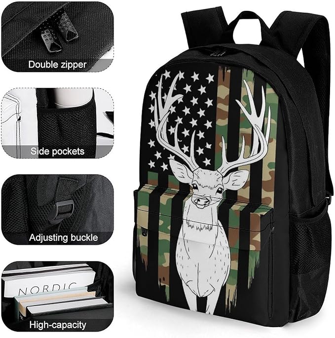 Lightweight Daypack Bookbag for Trekking Business Walking Cycling, Big Capacity Anti-Theft Multipurpose Carry On Bag, Camouflage American Flag Hunting Deer Camo Black Business Computer Bag