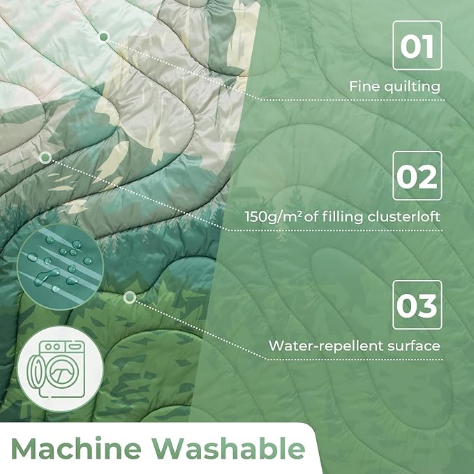 KingCamp Ultralight Camping Blanket, Packable Down Alternative Puffy Printed Wearable Blanket with Snap Buttons & Corner Loops Weatherproof Quilt for Outdoor Travel Stadium (79"L x 57"W, GREEN)