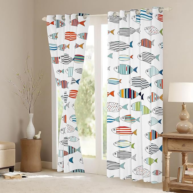 Manfei Cute Fish Blackout Curtains Fishing Theme Window Drapes,Cartoon Fish Wildlife Animals Window Treatments,Kids Boys Girls Room Decor,Grommet Top 2 Panel Set Bedroom Curtains, 52Wx90L inch