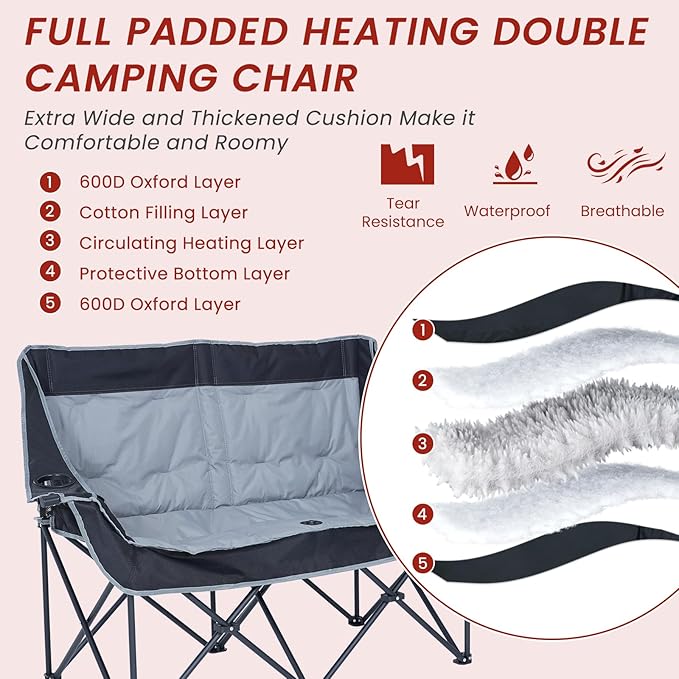 DoCred Heated Double Camping Chair, Heated Folding Camping Chairs Loveseat Outdoor Sports,Heating Oversized Loveseat Chairs for Adults,2 Person Camp Chair with 3 Heat Levels, Battery NOT Included