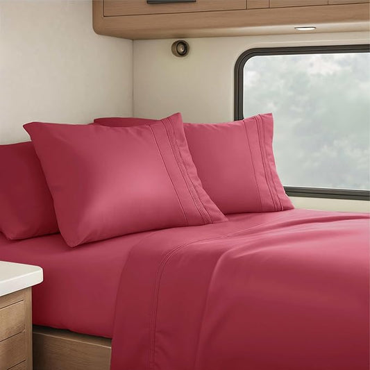 Clara Clark RV Queen Sheets, 6 Piece RV Sheets Set - Hotel Luxury Sheets for RV Bunks, Super Soft Bedding Set, Short Queen,Burgundy Red