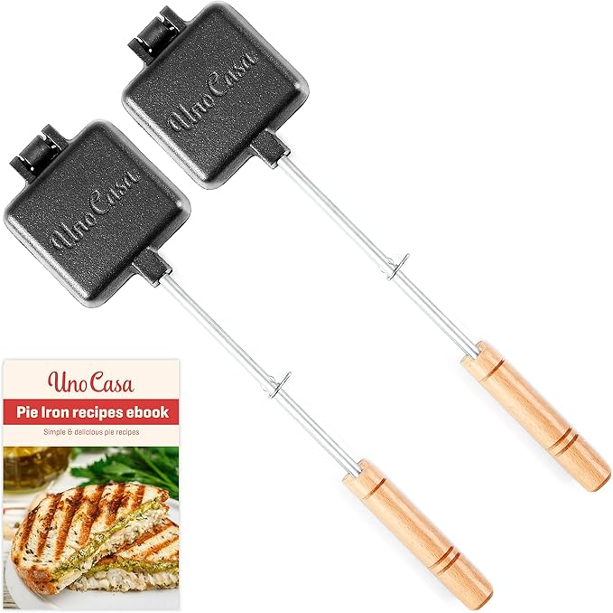 Uno Casa Small Double Pie Iron Sandwich Maker Set of 2 - Japanese Sandwich Maker with Recipe Book - Durable Campfire Cooking Equipment for Grilled Sandwiches, Pies, and Breakfast Treats