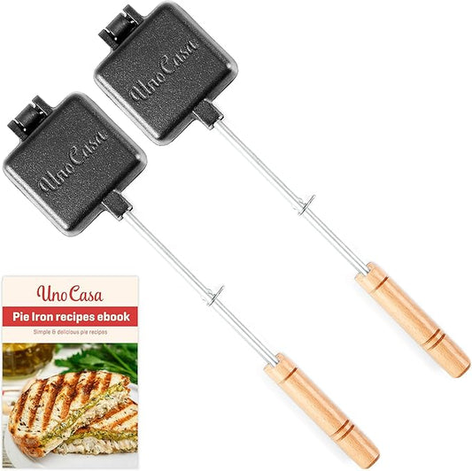 Uno Casa Small Double Pie Iron Sandwich Maker Set of 2 - Japanese Sandwich Maker with Recipe Book - Durable Campfire Cooking Equipment for Grilled Sandwiches, Pies, and Breakfast Treats