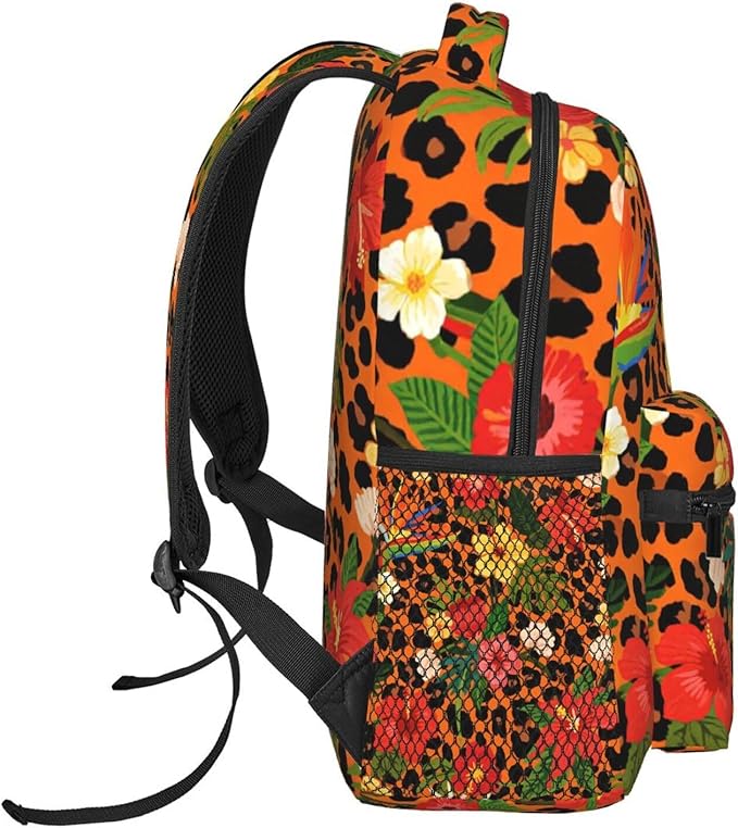 Shoulder Book Bags Anti-Theft Multipurpose Big Capacity Bookbag, Cheetah Leopard Print Floral Earth Yellow Travel Hiking Backpack With Smooth Zippers