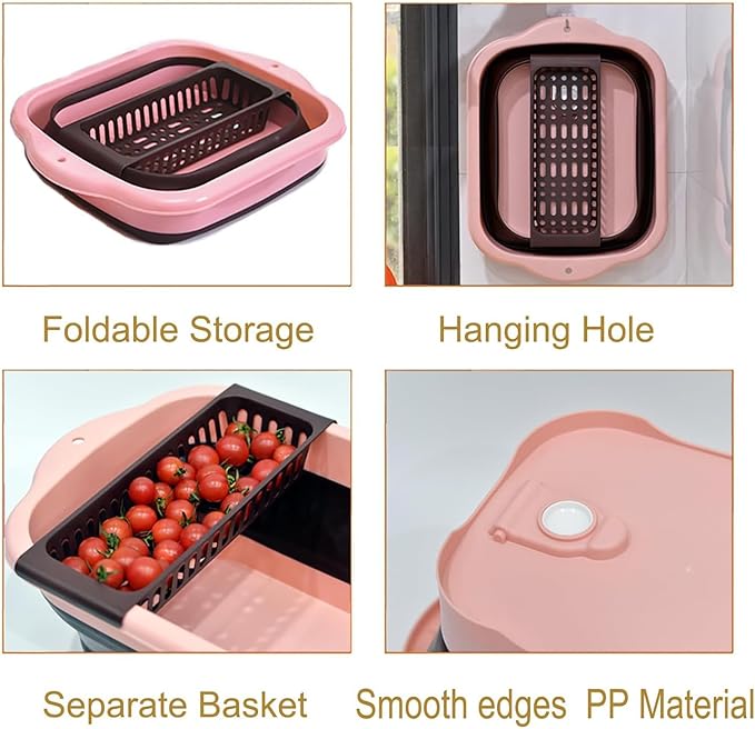 2.98 Gallon (11.28L) Collapsible Dish Basin with Drain Plug, Outdoor Multiuse Foldable Sink Tub, Dishpan, Wash Basin, Portable Kitchen Storage Tray for Camping, RV, Beverage Bucket (Pink)