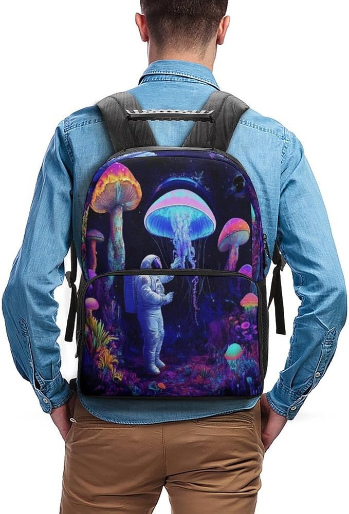 Men Women Polyester Underwater Neon Jellyfish Astronauts Mushroom Art Daypack Backpack Large Capacity Carry On Bag With Smooth Zippers for Hiking Picnic Walking Cycling