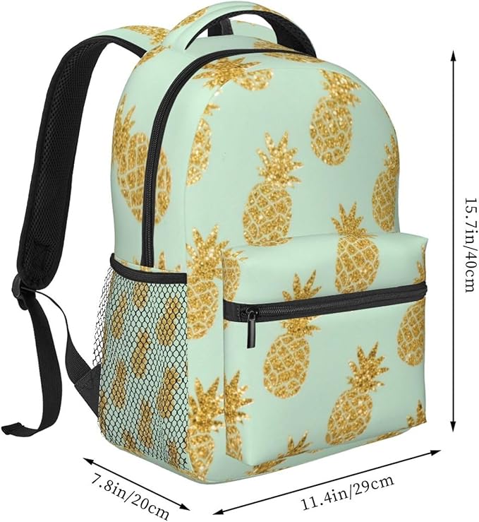 Rucksack Polyester Anti-Theft Multipurpose Gold Pineapple Pattern Bookbag Big Capacity Travel and Sport Backpack Rucksack With Side Pockets