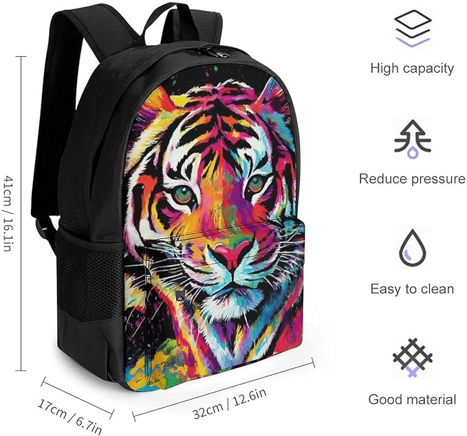 Supdreamc Backpack Anti-Theft Multipurpose Large Capacity Carry On Bag, Colorful Splash Ink King Of Tiger Art Camping Outdoor Backpack With Side Pockets