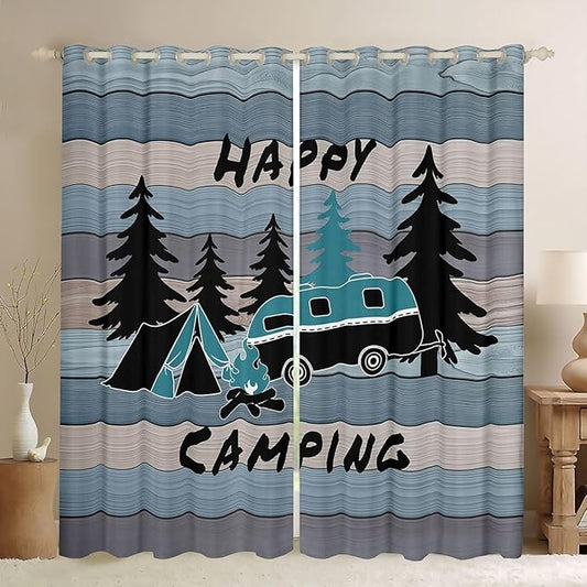 Camper RV Trailer Blackout Curtains,Tent Bonfire Campfire Pine Nature Boys Girls Room Decor,Wooden Plank Cabin Rustic Window Curtains,Country Blue 2 Panels,38Wx45L inch