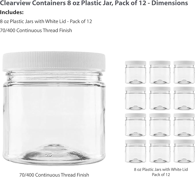 Plastic Storage Jars with Leak Proof Lids, BPA Free, Hand Wash Only (8oz Jar, 12PK)
