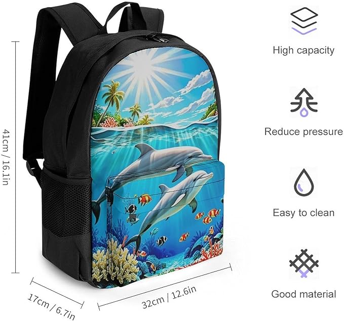 Daypack Polyester Anti-Theft Multipurpose Dolphin Blue Ocean Underwater World Bookbag Big Capacity Gym Outdoor Hiking Backpack With Adjustable Shoulder Straps