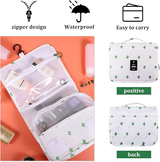 Pengxiaomei Toiletry Bag for Women, Waterproof Hanging Cosmetic Bag Portable Travel Makeup Pouch Multifunction Handle Bathroom Bag for Mothers Day Gifts (Cactus White)