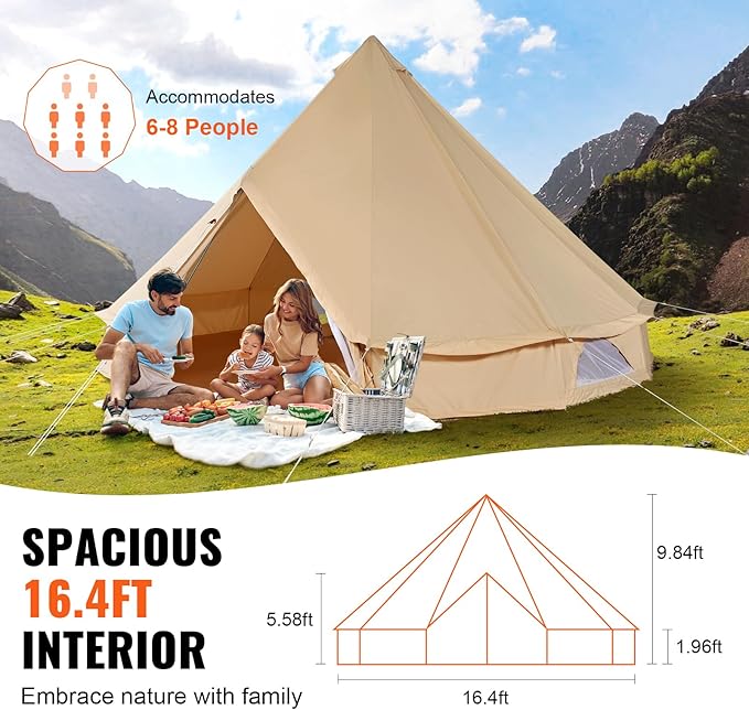 VEVOR Canvas Tent Bell, Yurt 4 Seasons for Camping with Stove Jack, Breathable Holds up to 4 People, Family Camping Outdoor Hunting Party