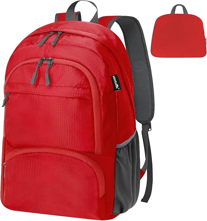 HOLYLUCK 20L Lightweight Packable Hiking Daypack Foldable Backpack for Men Women Small Travel Outdoor Foldable Shoulder Bag-red