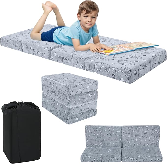 MeMoreCool Kids Folding Mattress, Trifold Foldable Floor Mattress for Kids, 63x26 Portable Floor Mat with Washable Cover and Carry Bag for Camping Sleepover Daycare, Grey Dinosaur