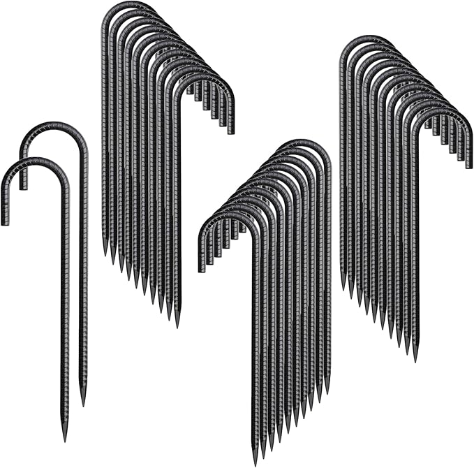 Rebar Stakes 12 Inch 32 Pack Tent Spikes Heavy Duty Metal J Hook, Fence Stakes for Trampoline, Fence, Camping Tent (32, J-12 x5/16 Black)
