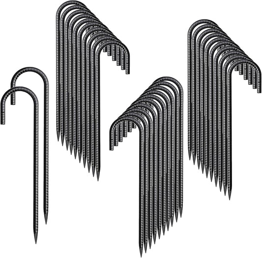 Rebar Stakes 12 Inch 32 Pack Tent Spikes Heavy Duty Metal J Hook, Fence Stakes for Trampoline, Fence, Camping Tent (32, J-12 x5/16 Black)