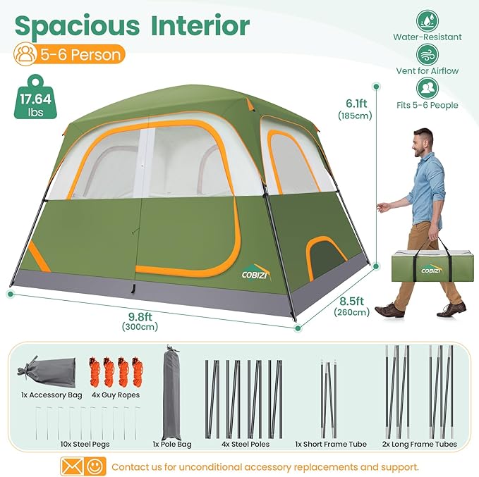COBIZI 4-6-8-10 Person Camping Tent, Spacious Family Tents for Camping Ideal, Hiking, 3500mm Waterproof Double-Layer Windproof Tent for Hiking & Backpacking