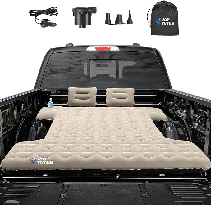 JOYTUTUS Upgraded Light Version Truck Bed Air Mattress for Camping, Thicken Inflatable Mattress for 6.4-6.7Ft Short Truck Bed,with Built-in Cup Holder&2 Inflatable Pillow,Camel and Black