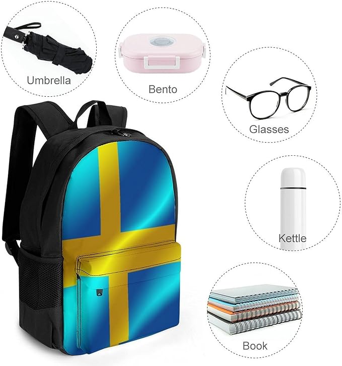 Men Women Lightweight Flag Of Sweden Casual Daypack Large Capacity Bookbag With Adjustable Shoulder Straps for Gym Business Bicycle