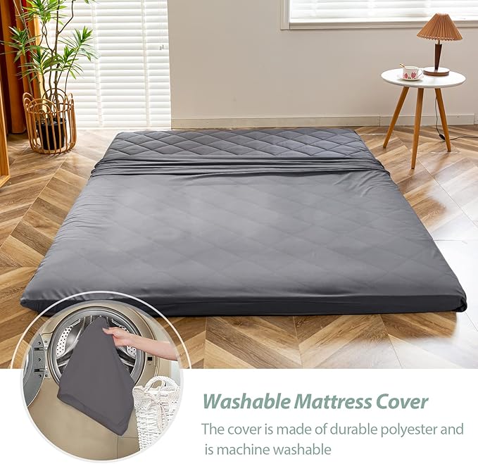 MAXYOYO Japanese Floor Futon Mattress King Size, Floor Bed for Adults, Roll Up Folding Mattress, Diamond Patterned Japanese Futon Bed, Dark Grey