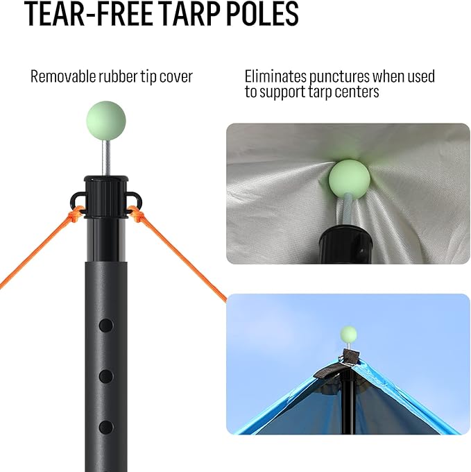 KOMCLUB Tarp Poles Telescoping Tent Poles Replacement Canopy Adjustable Aluminum Rods Camping Accessories Heavy Duty Pole Thicker Lightweight for Hiking Awning Backpacking+Tent Stakes+Reflective Ropes