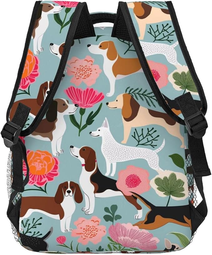 Polyester Daypack Backpack for Sports Travel Running, Big Capacity Anti-Theft Multipurpose Carry On Bag, Sweet Basset Hound Dog And Vintage Florals Laptop Book Bag Rucksack