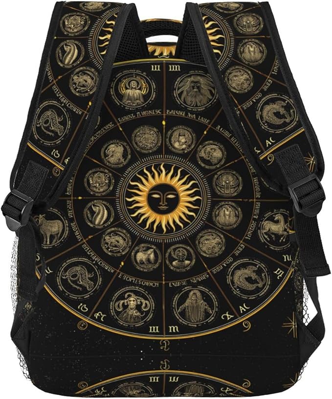 Women Men Polyester Zodiac Symbol Art Casual Daypack Large Capacity Bookbag With Side Pockets for Sports Picnic Walking Cycling