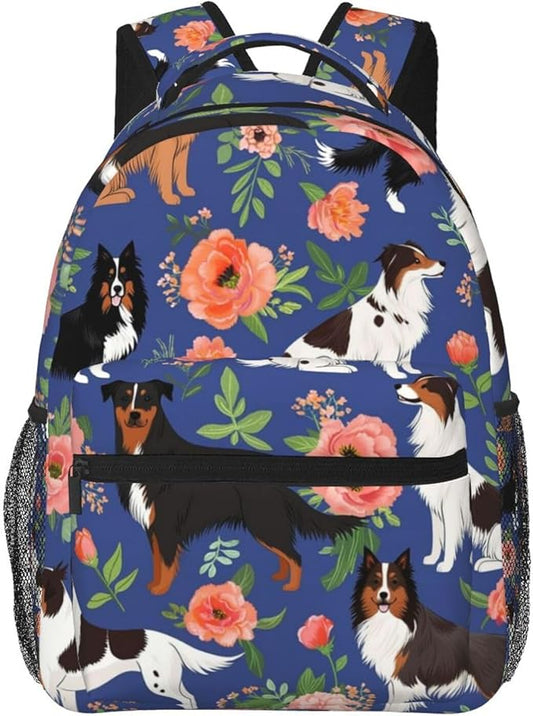 Men Women Polyester Australian Shepherd Dogs Flowers Daypack Bookbag Big Capacity Shoulder Bag With Padded Straps for Climbing Travel Walking Cycling