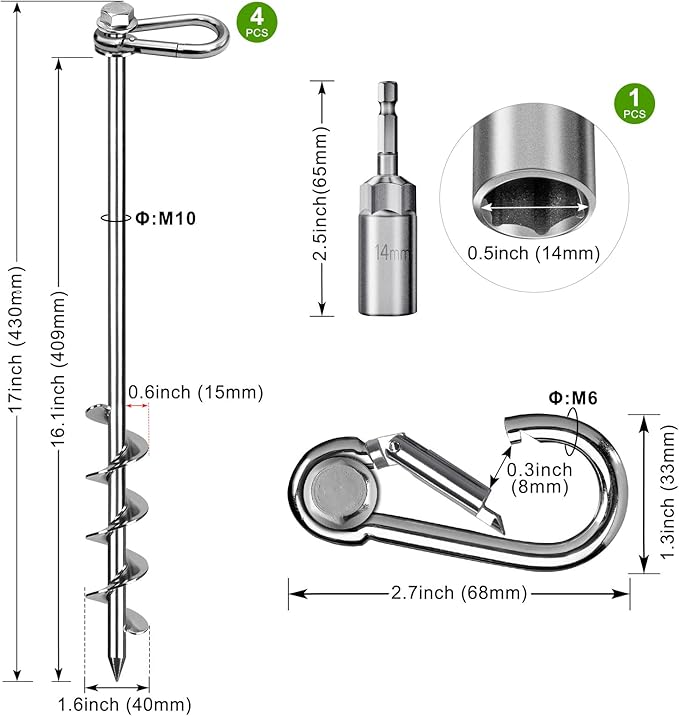 SELEWARE 4 Pack Trampoline Stakes Heavy Duty Ground Anchors High Wind Trampoline Stakes Anchors Spiral Earth Anchors for Secure Animals Trampolines Tents Shed Swing Set Mobile Homes Carport